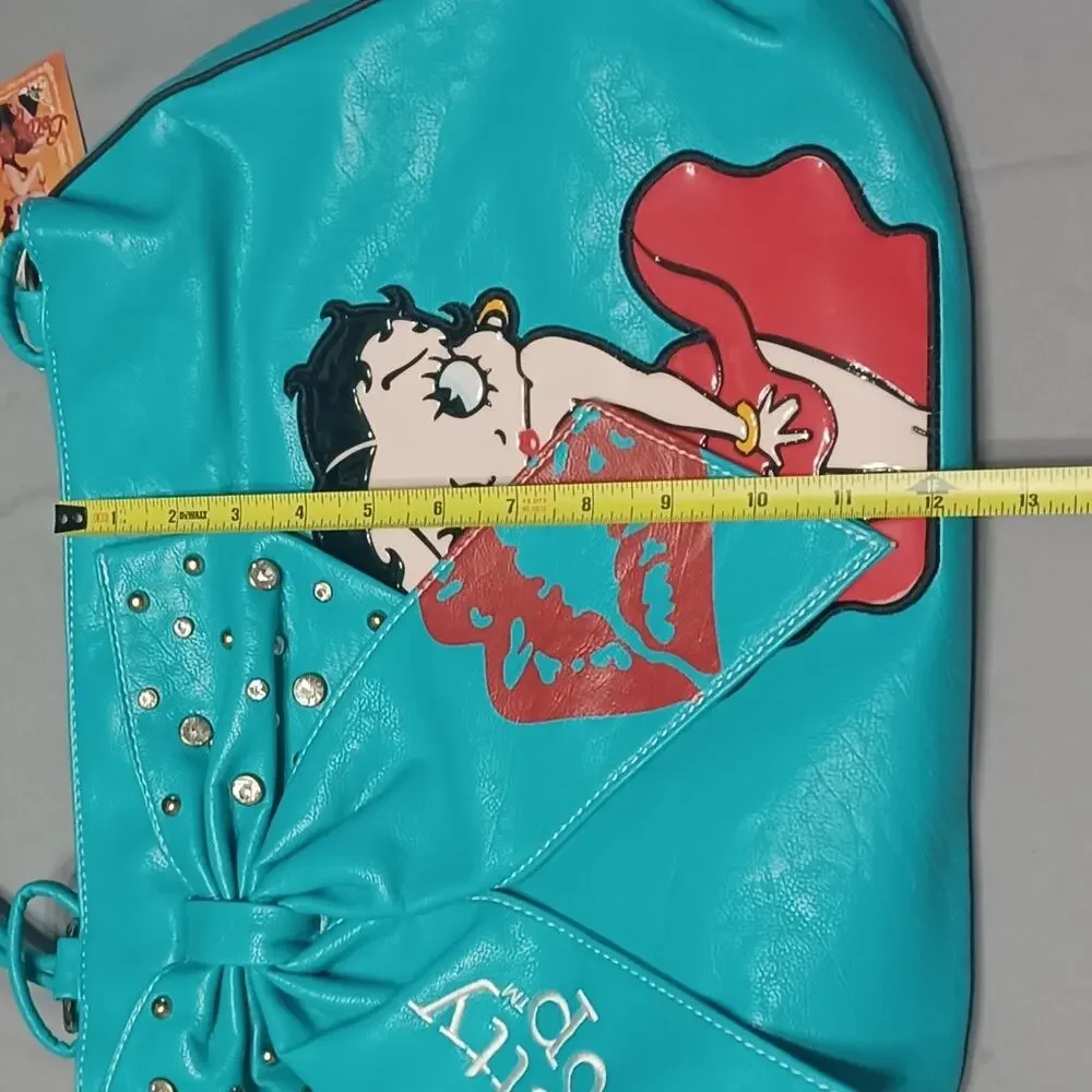 Betty Boop Teal Faux Leather Handbag Oversized Rhinestone Bow Satchel